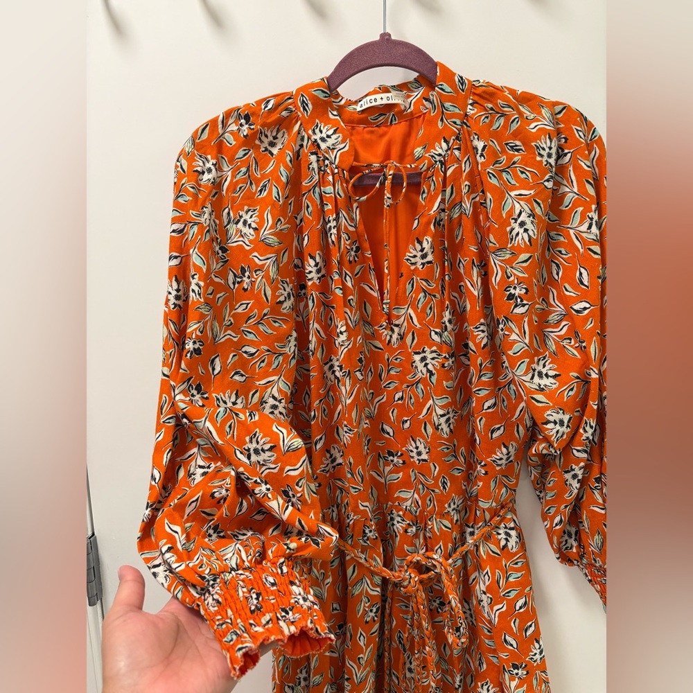 Alice + Olivia Lilian Belted Floral Print Linen-Blend Gauze Mini Dress Size 0 - Picture 5 of 12
